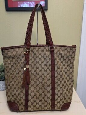 Gucci | Original GG Canvas Marrakech Tote With Burgundy Leather Trim